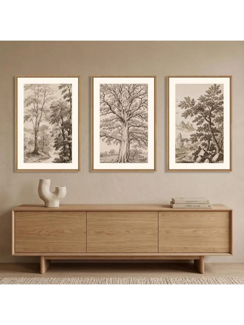 Vintage Tree Sketch Framed Canvas Wall Art Set - 3 Piece Home Decor, 16